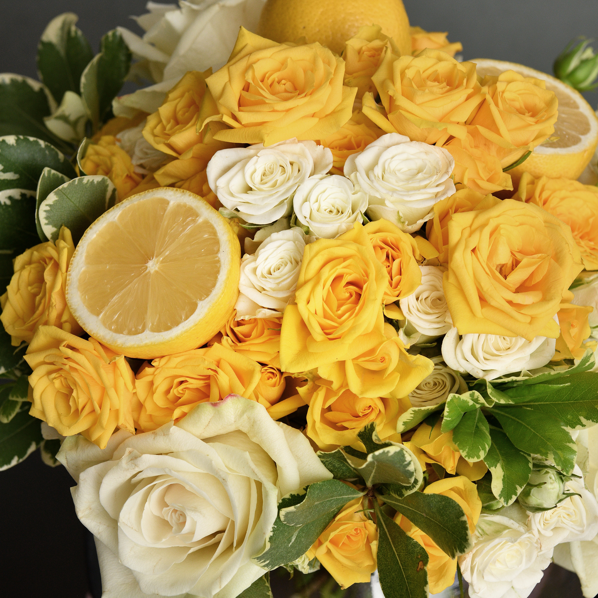 Yellow Roses, Cream Rose, & Lemon Vase