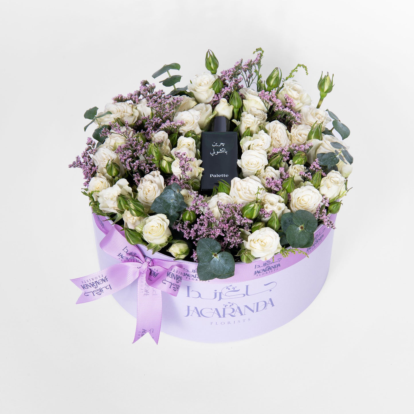 White Roses in Blue Gift Box with Purple Ribbon